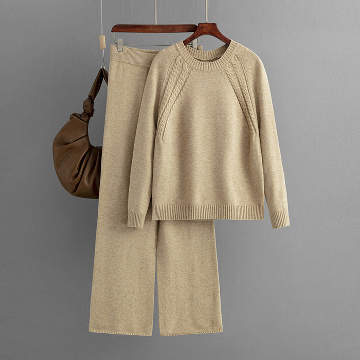 Color-Khaki-Autumn Winter Casual Solid Color Knitting Suit Women Loose Sweater Wide Leg Pants Two Piece Set-Fancey Boutique