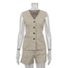 Cotton Linen Sleeveless Waistcoat Vest Summer Women Casual Shorts Two Piece Set-Khaki-Fancey Boutique