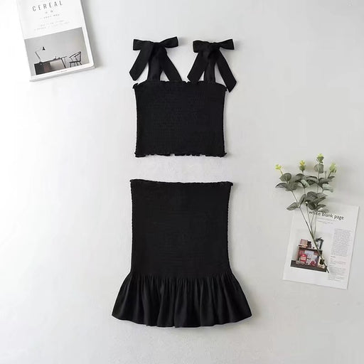 Color-Black-Spring Autumn Elastic Wrapped Chest Camisole Hip Lotus Leaf Skirt Outfit-Fancey Boutique