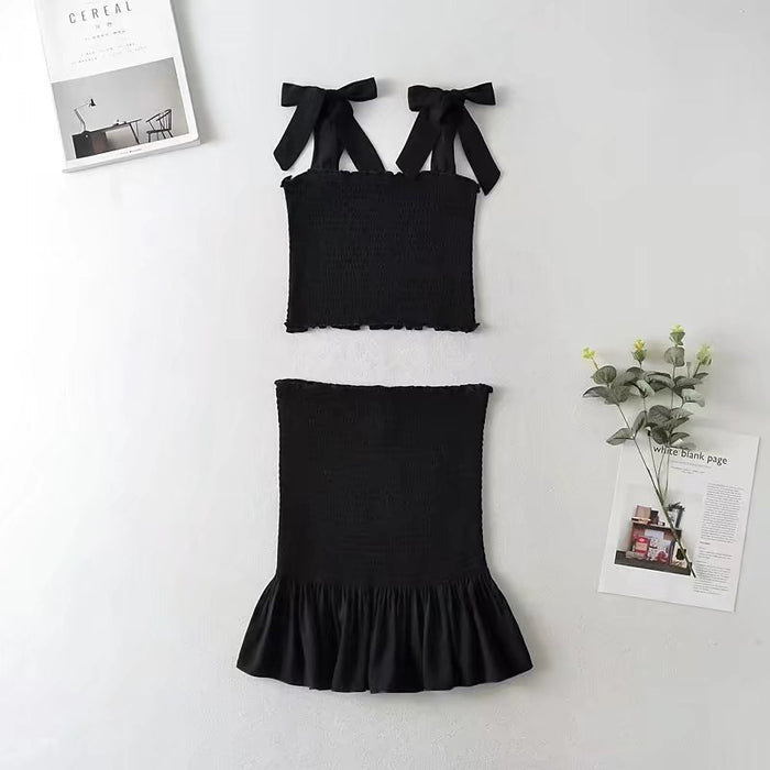 Color-Black-Spring Autumn Elastic Wrapped Chest Camisole Hip Lotus Leaf Skirt Outfit-Fancey Boutique