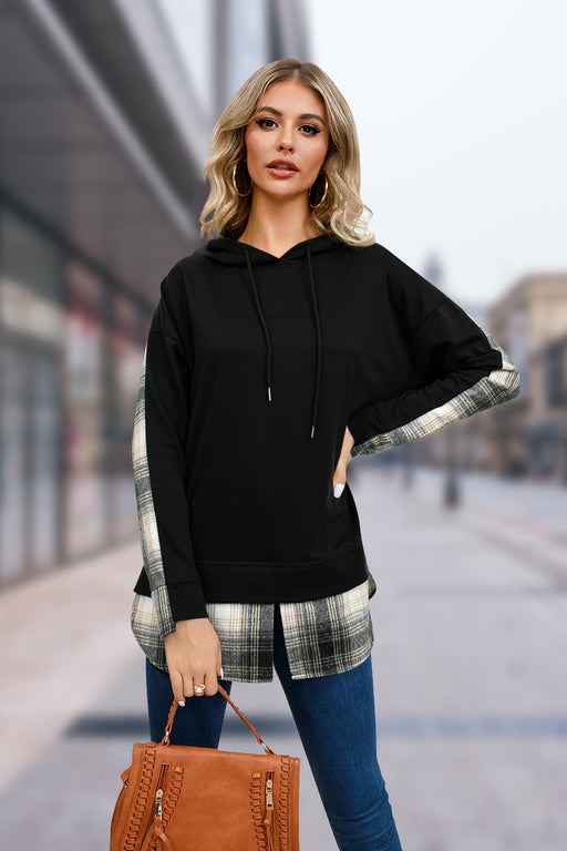 Color-Black-Autumn Winter Pullover Hooded Plaid Stitching Split Sweater Women-Fancey Boutique
