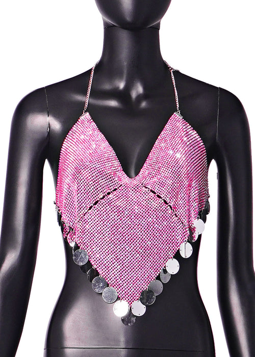 Color-Pink1-Women Clothing Nightclub Sexy Low Cut Backless Halter Rhinestone Stitching Triangle Vest Women-Fancey Boutique