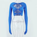 Color-Blue-Autumn Winter Explosion off Neck Chest Hollow Out Cutout Gloves with Sleeves Sexy T shirt Women-Fancey Boutique