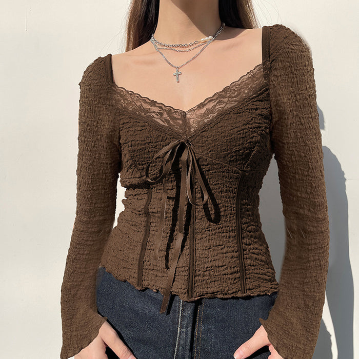 European Retro Low Cut V neck Lace Stitching Ruffle Lace up Long Sleeve Special Interest Design Slim Fit Texture Knitted Top-Fancey Boutique