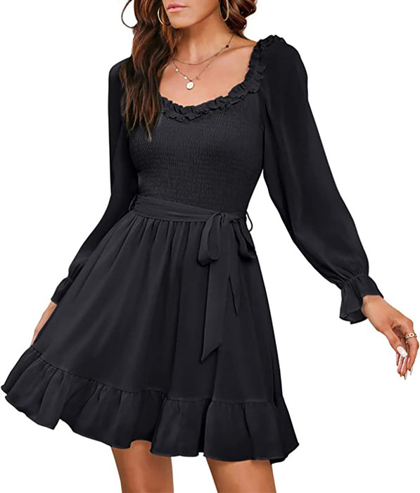 Color-Early Spring Chiffon Dress Women Ruffled V neck Fitted Waist Sweet A line Dress-Fancey Boutique