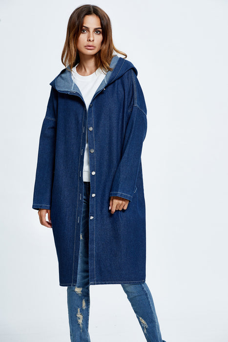 Color-Navy Blue-Autumn Winter Denim Coat Overcoat Popular Hooded Denim Trench Coat-Fancey Boutique