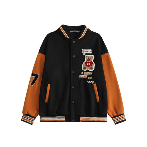 Color-Black-Brushed Jacket Casual Bear Letter Graphic Japanese College Jacket Coat for Men Women Couple Tops Varsity Jacket-Fancey Boutique