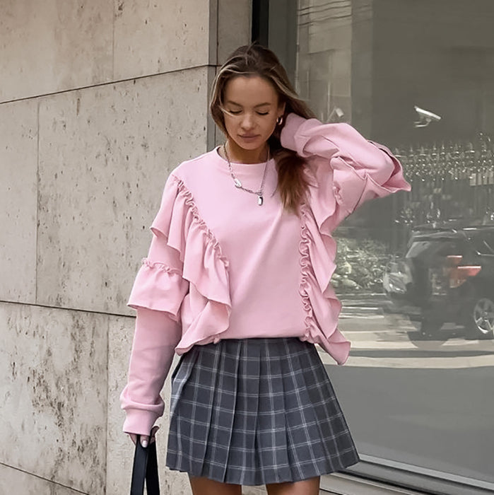 Fall Gentle Pink Elegant Knitted Ruffled Round Neck Drop-Shoulder Sleeve All Matching Loose Casual Sweater Women-Fancey Boutique