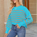Color-Blue Striped Pullover-Women Clothing Autumn Winter Loose Cropped Pullover Sweater Long Sleeve round Neck Sweater-Fancey Boutique