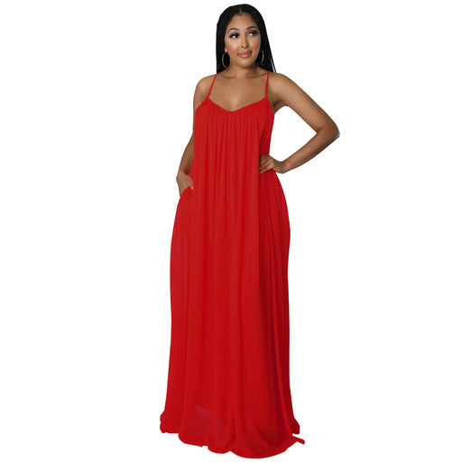 Color-Red-Women Chiffon Solid Color Casual Backless Cami Dress-Fancey Boutique