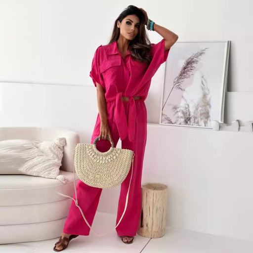 Women Clothing Women Clothing Supply Solid Color Half Sleeve Trousers Suit-Red-Fancey Boutique