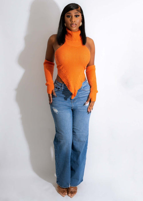 Color-Orange-6-Autumn Winter Knitting Hand Crochet Turtleneck Faux Sleeve Finger Hole Irregular Asymmetric Top-Fancey Boutique