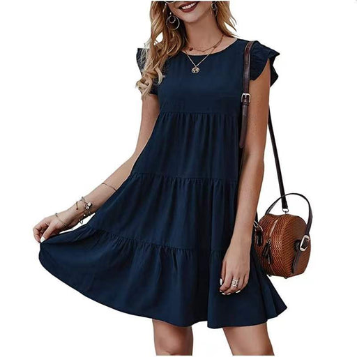 Color-Purplish blue-Summer Solid Color round Neck Short Sleeves Dress Casual Tiered Dress Pleated Large Swing Dress-Fancey Boutique