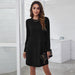 Color-Black-Autumn Winter Round Neck Women Casual Simple Buttons Long Sleeve Dress-Fancey Boutique