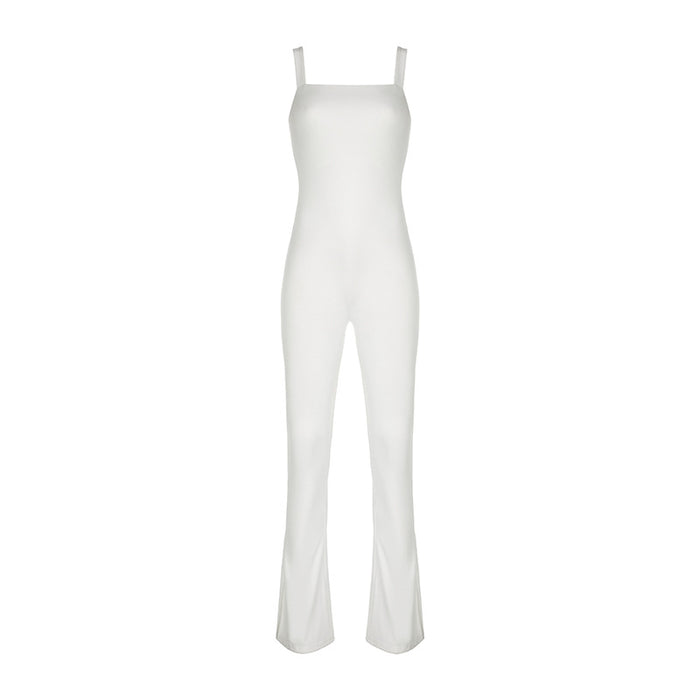 Color-White-Women Casual Split Jumpsuit Solid Color Square Collar Hollow Out Cutout Lace up Slim Fit One Piece Trousers-Fancey Boutique