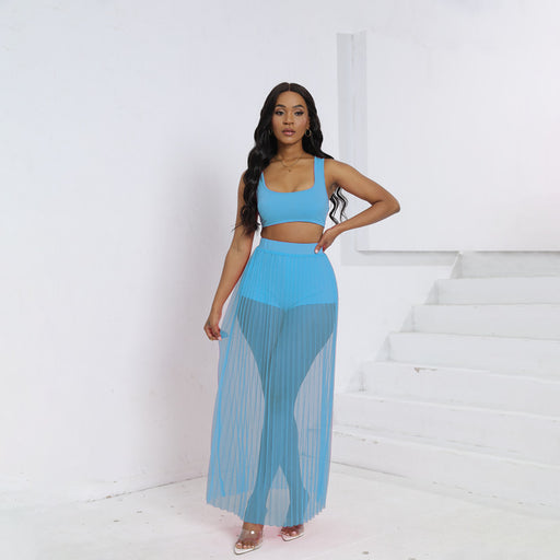 Color-Blue-Sexy Women Clothing Vest Skirt Shorts Three Piece Beach See through Pleated Mesh Skirt Set-Fancey Boutique