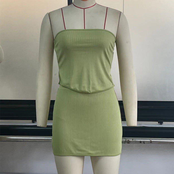 Knitted Irregular Asymmetric Tube Top Top Skirt Set New Backless Sexy Skirt Hip Skirt Two-Piece-Green-Fancey Boutique