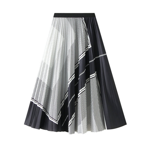 Color-Black-Pleated Digital Printed Skirt for Women Autumn High Waist Slimming Mid Length Large Swing Skirt-Fancey Boutique