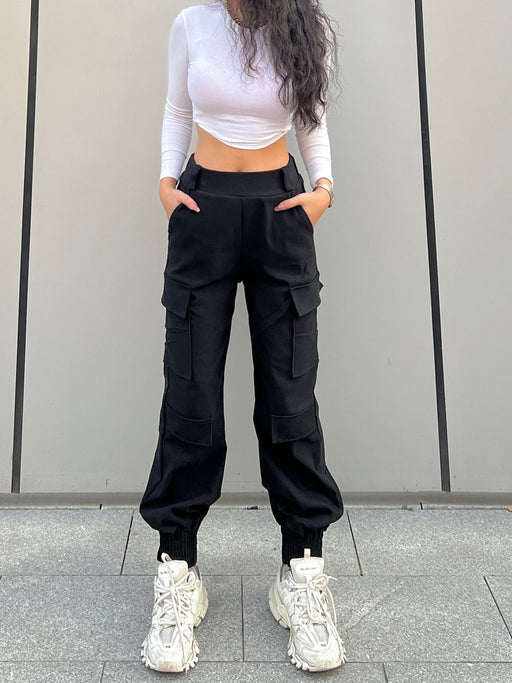 Color-Black-Trendy Cargo Pants High Street Women Pants Sweatpants Multi Pocket Trousers Loose Street Straight Ankle Tied Trousers-Fancey Boutique