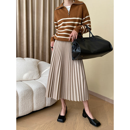Color-Khaki-Fashionable Intellectual Fine Organ Pleated Draping Non Ironing Thickened Pleated Skirt-Fancey Boutique