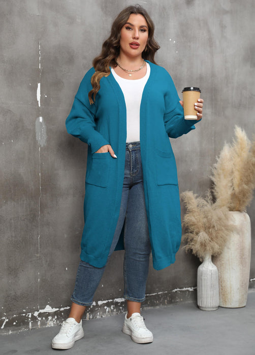 Color-Blue-Women Coat plus Size Women Clothes Loose Mid Length Woven Sweater Double Pocket Lantern Sleeve Sweater Cardigan-Fancey Boutique