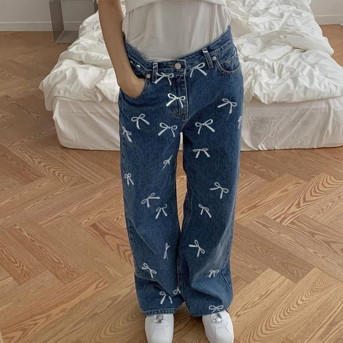 Personalized Bow Print Sweet Spicy Cool Girl Low Waist Basic Profile Casual Straight Leg Denim Trousers Summer-Fancey Boutique