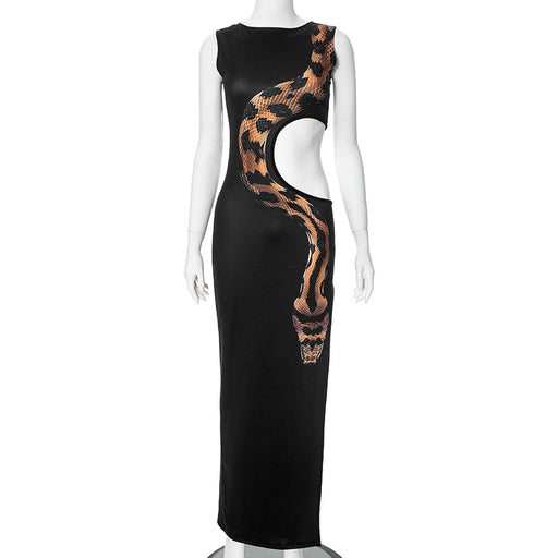 Women Summer Side Waist Hollow Out Cutout Python Print Slim Fit Slit Maxi Dress-Black-Fancey Boutique