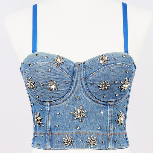 Color-Blue-Popular Beaded Vest Low Cut Sling High Waist Cropped Shaping Tube Top Korean Denim Beauty Back Bottoming Shirt Women-Fancey Boutique