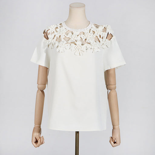 Summer Round Neck Embroidery Floral Stitching All Matching Hollow Out Cutout Short Sleeve T Shirt Top Women-Fancey Boutique