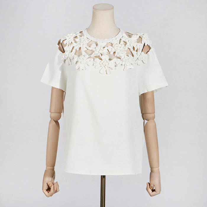 Summer Round Neck Embroidery Floral Stitching All Matching Hollow Out Cutout Short Sleeve T Shirt Top Women-Fancey Boutique