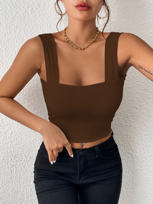 Camisole Wide Shoulder Strap Sleeveless Outerwear Top Sexy Slim Fit Sexy Back-Coffee-Fancey Boutique