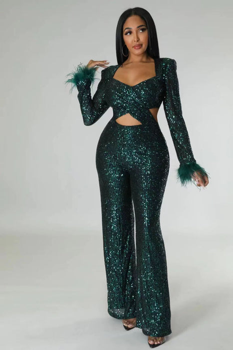 Autumn Winter Long Sequined Feather Hollow Out Cutout Out Slim Fit Long Sleeve Socialite Gathering Jumpsuit-Green Hand Feather Green-Fancey Boutique