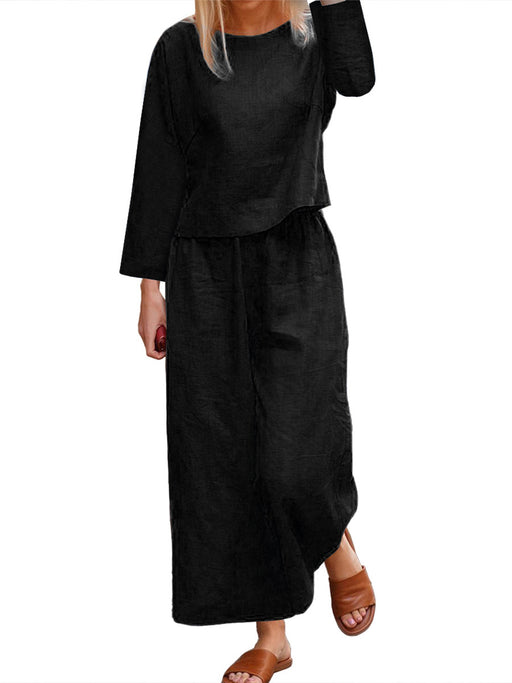 Color-Black-Casual Loose Solid Color Shirt Long Sleeve Trousers Two Piece Set-Fancey Boutique