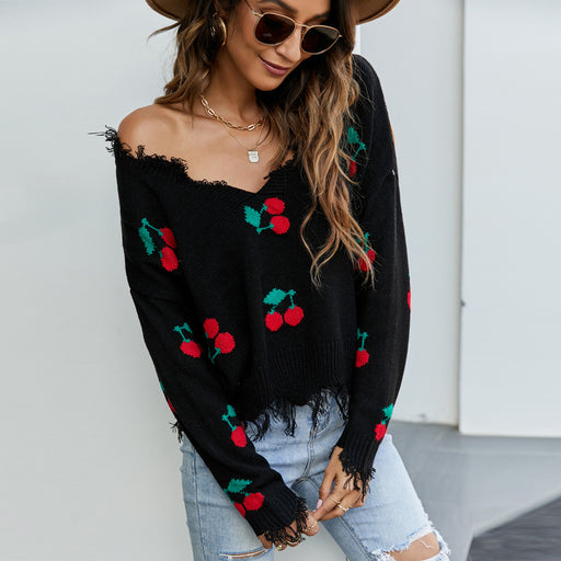 Color-Black-1-Pullover Women Loose Short V Neck Women Sweater Autumn Winter Tassel Knitwear-Fancey Boutique