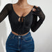 Color-Black-Fall Sexy Hollow Out Cutout out Tied Pleated Stitching Rhombus Waist Elegant Long Sleeve Top-Fancey Boutique