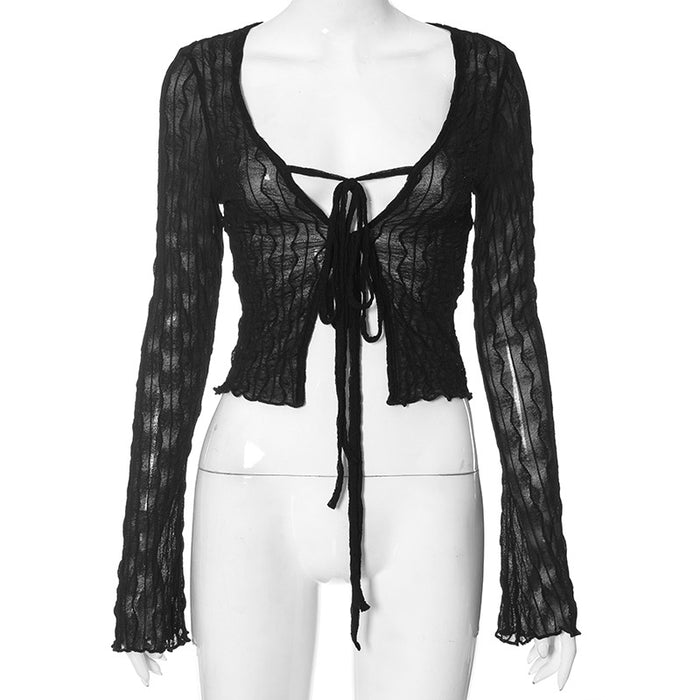 Color-Black-Retro Mesh Transparent Lace up Chest Flattering Half Open Collar Top Women Clothing Niche-Fancey Boutique
