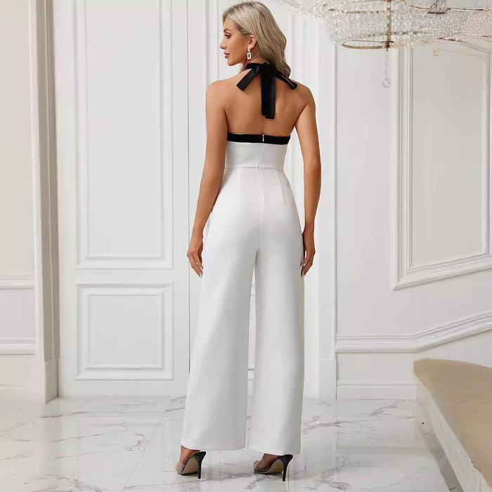 Summer Women's Clothing Color Matching Halter Jumpsuit Hollow Out Cutout out Cinched Trousers Elegant Graceful-Fancey Boutique