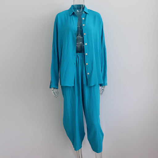Color-Blue-Spring Casual Set Solid Color Polo Collar Long Sleeve Shirt Top Harem Pants Two Piece Set-Fancey Boutique