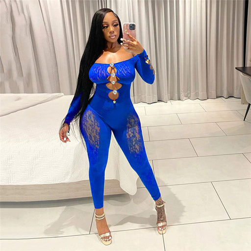 Color-Blue-Fall Wome Clothing Sexy Mesh Jacquard Hollow Out Cutout High Waist Trousers No Long Tight Jumpsuit-Fancey Boutique