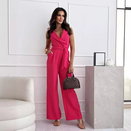 Women Clothing Comfort Casual Solid Color V neck Sleeveless Jumpsuit-Red-Fancey Boutique