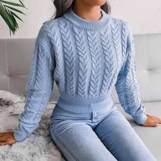Color-Blue-Women Fall Winter Twist Waist Trimming Knitted Cropped Sweater Clothing-Fancey Boutique