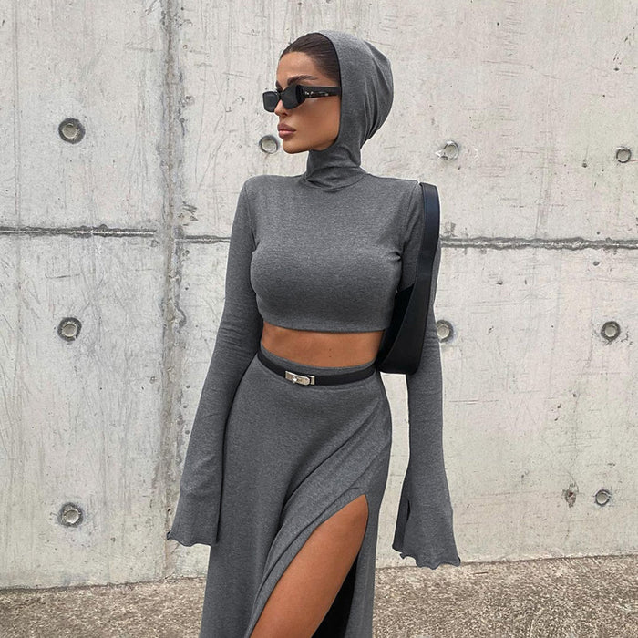 Women Clothing Short Hood Top High Waist Side Slit Unique Skirt Spring Autumn Two Piece Set Women-Fancey Boutique