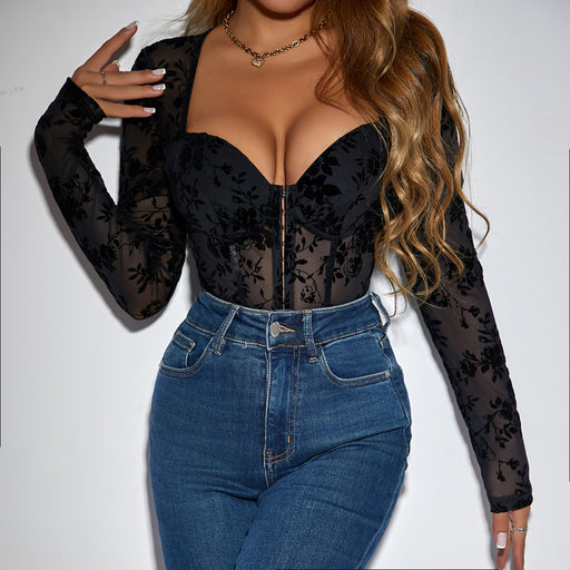 Color-Black-Women Clothing Flocked Printed High Grade Slim Fit Breasted Long Sleeve Jumpsuit-Fancey Boutique