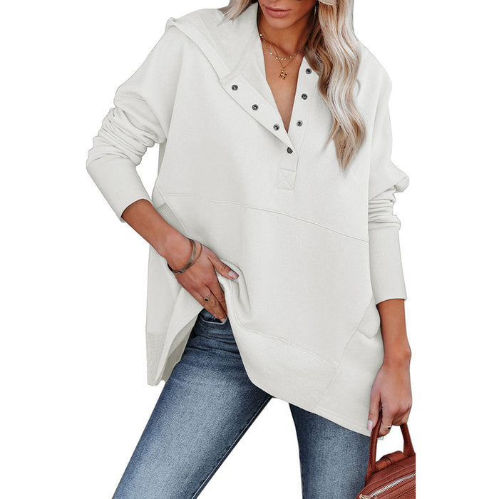 Color-White-Loose Hooded Sweater Women Mid Length Autumn Winter Solid Color Casual Bottoming Shirt Top-Fancey Boutique