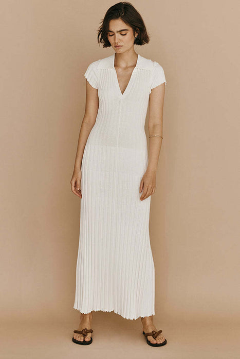 Spring Summer Knitted Dress Casual Waist Tight Collared V Neck Sunken Stripe Slimming Knitted Maxi Dress Women-White-Fancey Boutique