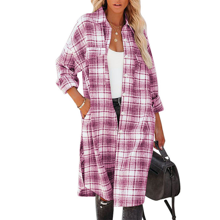 Color-Purple-Mid Length Shacket for Women Spring Autumn Printed Checks Collared Single Breasted Coat for Women-Fancey Boutique