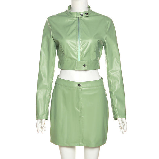 Color-Light Green-Women Clothing Autumn Winter Long Sleeve Cropped Zipper Coat Sheath Faux Leather Suit Women-Fancey Boutique