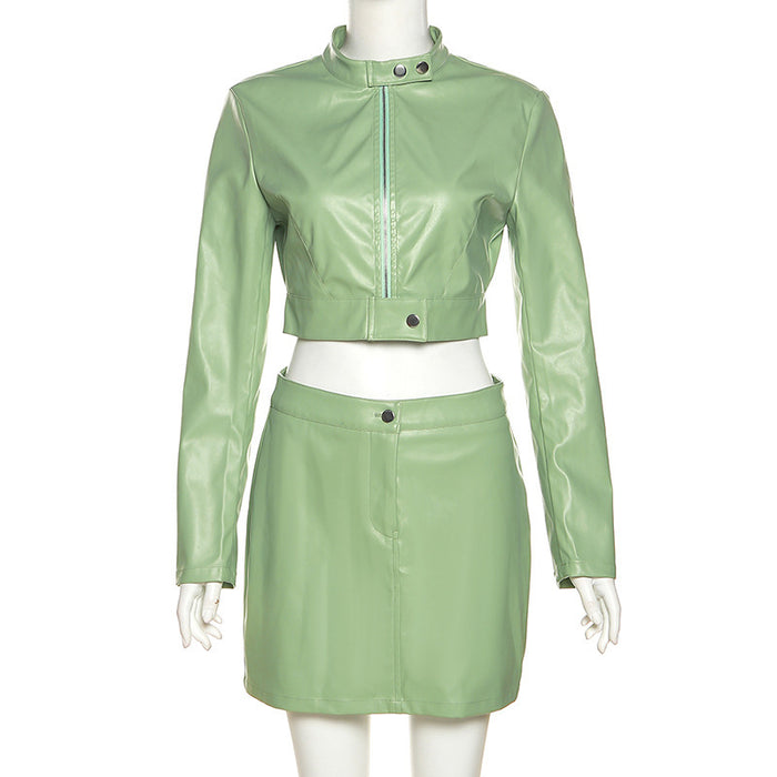 Color-Light Green-Women Clothing Autumn Winter Long Sleeve Cropped Zipper Coat Sheath Faux Leather Suit Women-Fancey Boutique