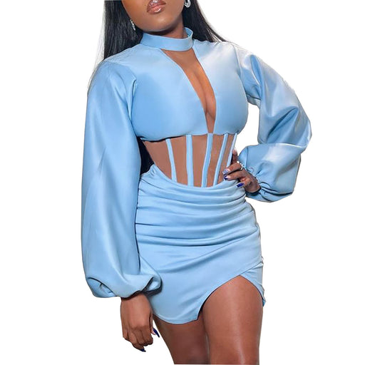 Women Clothing Spring Summer New Fashion round Neck Long Sleeve Sexy Waist Hollow-out Slim Fit Sheath Dress-skyblue-Fancey Boutique