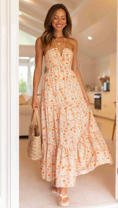 Color-Orange Printing-Women V neck Brace Maxi Dress Elegant Shoulder Baring Sleeveless Sling-Fancey Boutique